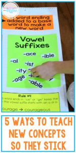 Although these 5 tips apply to teaching any new concept, this blog post focuses specifically on applying the strategies to teaching suffix spelling rules. Elementary students need plenty of support and opportunities for hands-on learning activities. This post shares several ideas and free printable resources for teaching suffix spelling rules using common suffixes and base words. The free printables include an anchor chart, rules posters, a foldable flip-book, and a word sort activity. #Suffixes